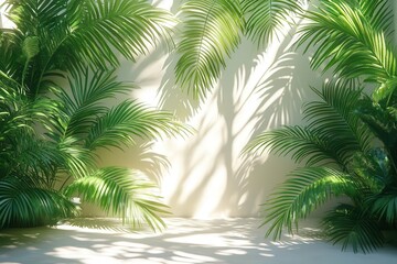 tropical ambiance created by shadows of palm leaves cast over a bright white background embodying a relaxed vibe and conveying a sense of paradise and tranquility