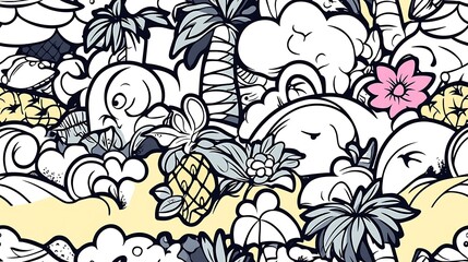 A detailed tropical-themed pattern, depicting palm trees, beach umbrellas, pineapples, coconuts, and exotic birds amidst swirling waves and floral patterns. Light,