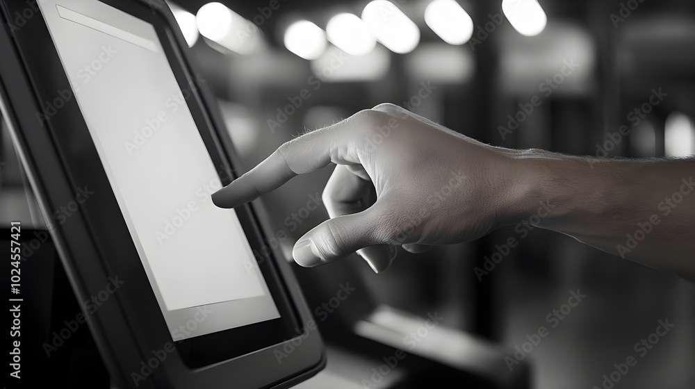 Poster close up view of a hand using a touch screen to confirm package pickup at the post office the image 
