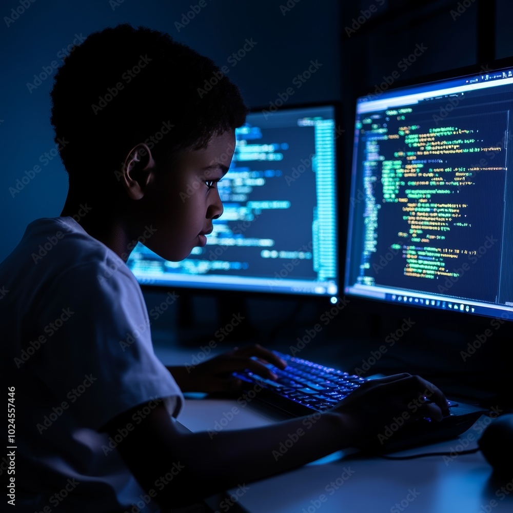 Aufkleber young boy programming on computer in dark room. coding, technology, and education concept.