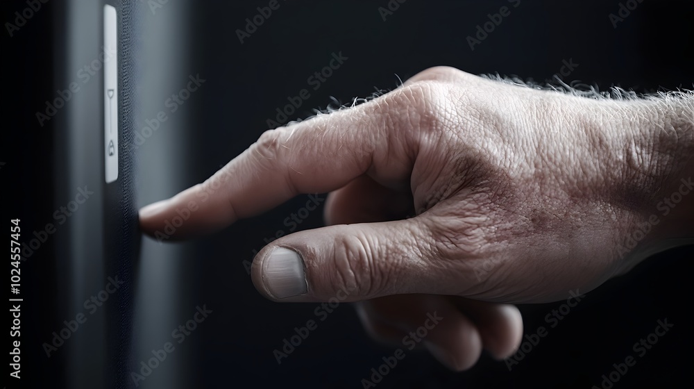 Poster close up view of a hand using a touch screen to confirm package pickup at the post office side view 