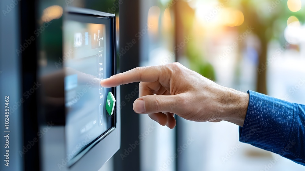 Poster closeup view of a person s hand touching a digital screen to accept the delivery of a package at a s