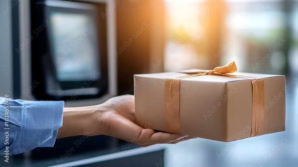 Poster close up view of a person s hand accepting a package or delivery through a digital touchscreen inter