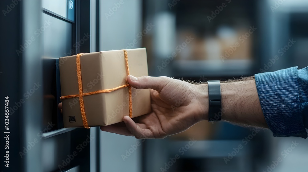 Poster close up view of a person s hand accepting a package delivery through a modern touchscreen interface
