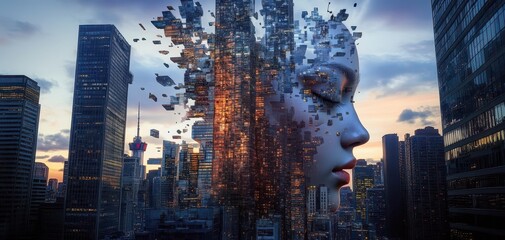 Surreal cityscape with a giant face emerging from the buildings.
