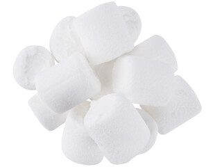 Pile white mini marshmallows isolated on a transparent background. Completely in focus. Top view.