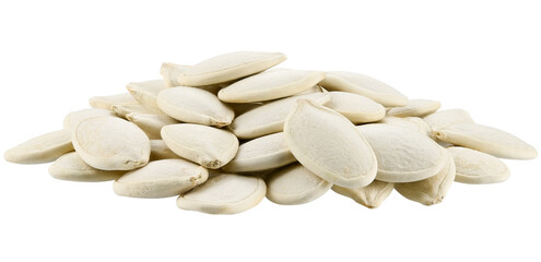 Pile roasted pumpkin seeds isolated on a transparent background. Completely in focus.