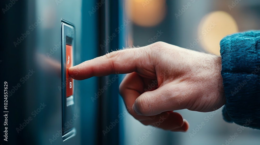 Poster close up view of fingers touching a digital screen to accept a package delivery at the post office