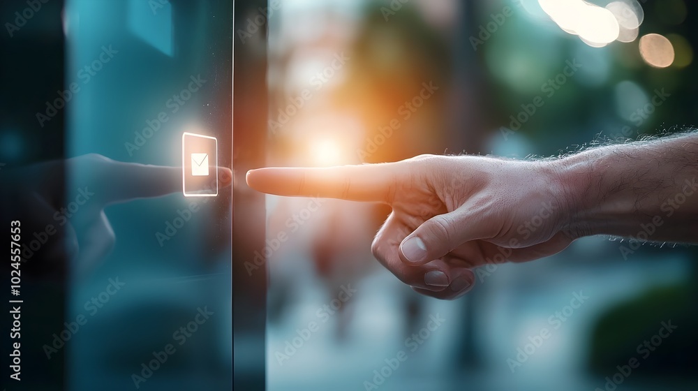 Poster close up view of fingers touching a digital screen to accept a package delivery at the post office c
