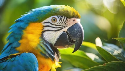 Obraz premium A Blue and Gold Macaw perched on a branch with bright sunlight illuminating its stunning feathers in the background