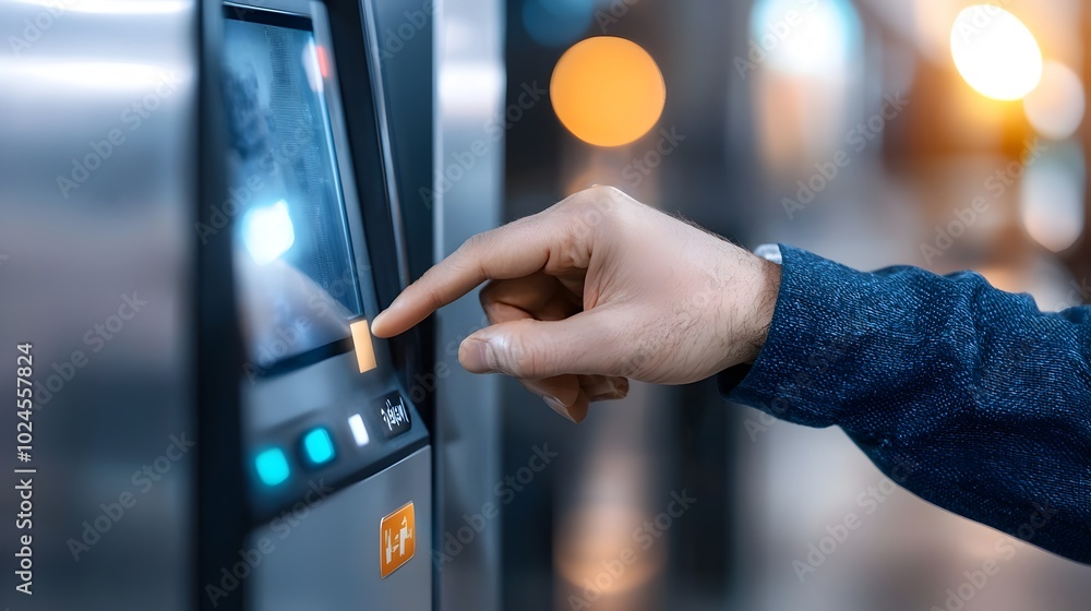 Poster close up view of a person using a touch screen panel at a post office to accept a package delivery