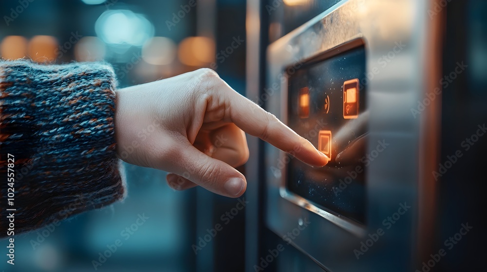 Poster close up view of a person s hand confirming package pickup through a touch screen panel at the post 