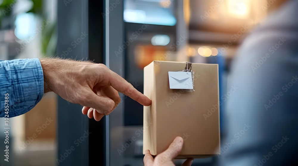Poster close up view of fingers tapping a touch screen panel to accept a package at the post office highlig