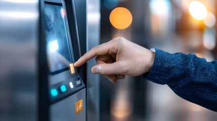 Close up view of a person using a touch screen panel at a post office to accept a package delivery