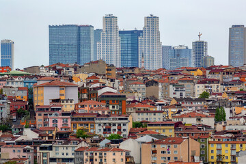 Istanbul's Sisli district. Panoramic view, a blend of modern skyscrapers and colorful residential...