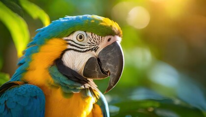 Fototapeta premium A majestic Blue and Gold Macaw perched gracefully on a branch surrounded by vibrant green leaves in sunlight