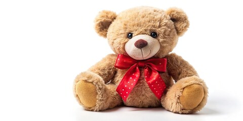 Obraz premium stuffed teddy bear with red bow isolated on white close-up