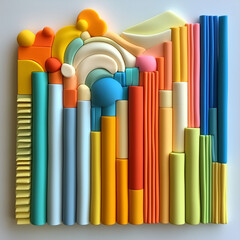 Obraz premium A colorful piece of art made of plastic tubes and balls. The tubes are arranged in a way that creates a rainbow effect. The artwork is vibrant and playful, with a sense of movement and energy