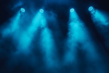 Fototapeta premium Fog and haze effect on black background with spotlight beams and blue neon light , mist, atmospheric, darkness, shadows 