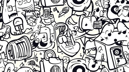 Fototapeta premium A dynamic music festival-themed pattern featuring various musical instruments, speakers, amplifiers, microphones, and abstract music notes.