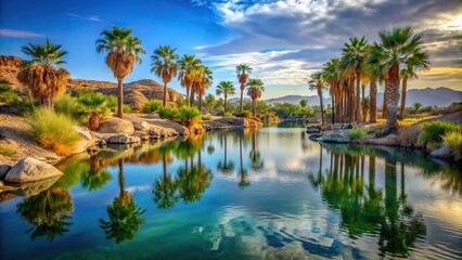 Stunning desert oasis with palm trees and rocky shore of lake in the desert