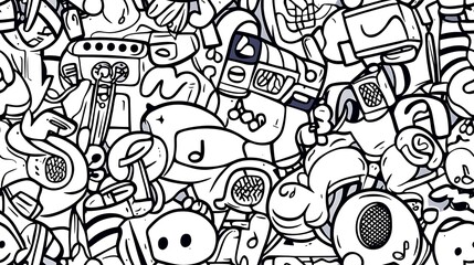 A dynamic music festival-themed pattern featuring various musical instruments, speakers, amplifiers, microphones, and abstract music notes.