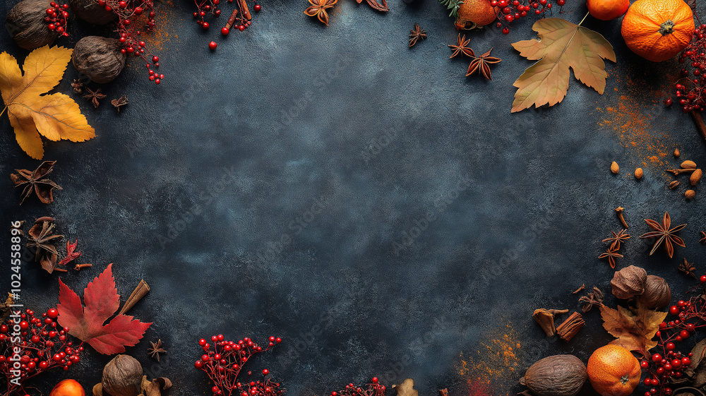 Poster Charming Display of Autumn Spices Arranged on Dark Stone Background with Border