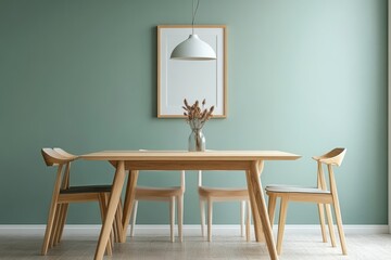 A minimalist dining room featuring a light wooden dining table with matching chairs