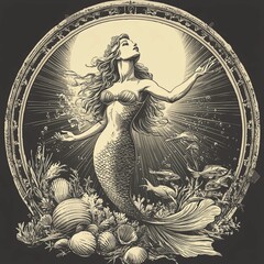 A Mermaid in a Circular Frame Surrounded by Sea Life