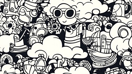 Naklejka premium A dynamic steampunk adventure-themed pattern featuring various mechanical elements like steam-powered engines, gears, airships,
