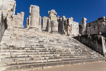 Fototapeta premium Ancient ruins of the Temple of Apollo in Didim, Turkey (Turkiye)with stone steps and columns under clear blue sky