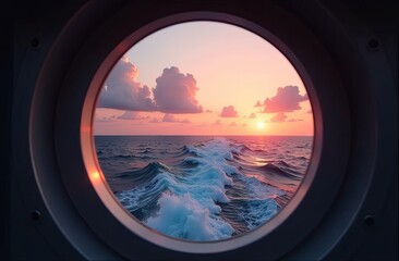 Porthole window on a board of the ship - view on ocean waves during a storm with flying seagulls. Brass porthole frame on the wooden wall of a sailboat for your story about a sea cruise or travelling.