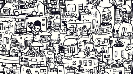 A dynamic urban chaos-themed pattern featuring various buildings, cars, scooters, street vendors, and crowds of people in a busy marketplace.