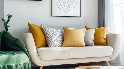 Modern Living Room Interior with Yellow Pillows and Blanket on White Sofa, Minimalist Home Decor