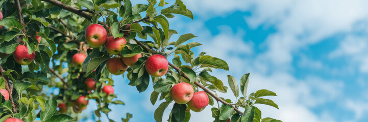 Obraz premium A tree with many apples hanging from it. The sky is blue and there are clouds in the background