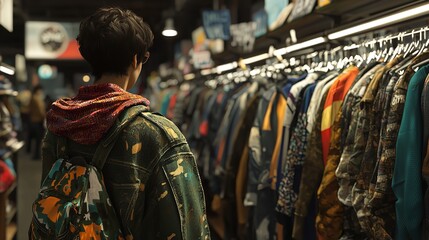 Fototapeta premium shot of clothes hanging in a clothing store, funky street wear styles of clothes, realistic, bright