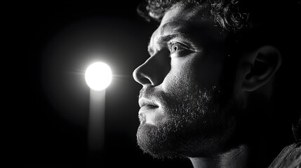 A man stands alone under the glow of a single streetlight his face dramatically illuminated by shadows that cast an air of mystery and intrigue across his features