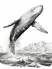 A Humpback Whale Leaping Out of the Ocean in Front of a Mountainous Coastline