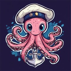 Happy Octopus with Sailor Hat and Anchor Design