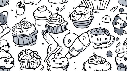 A dynamic vintage bakery-themed pattern featuring various baked treats like croissants, cupcakes, cookies, and scones, along with bakery tools like rolling pins and whisks.