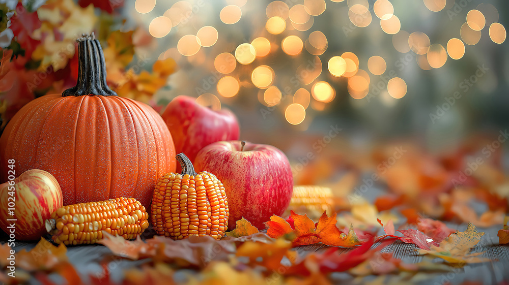 Poster inviting thanksgiving display of pumpkins corn and apples on rustic table with bokeh lights