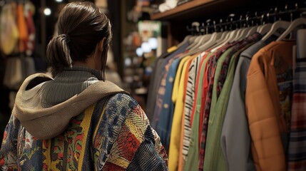Fototapeta premium shot of clothes hanging in a clothing store, funky street wear styles of clothes, realistic, bright