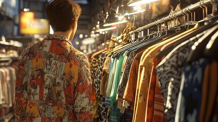 shot of clothes hanging in a clothing store, funky street wear styles of clothes, realistic, bright