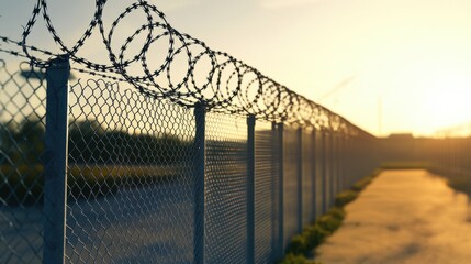Barbed wire fence surrounding a prison, with sharp edges glinting in the sunlight against a gray backdrop.