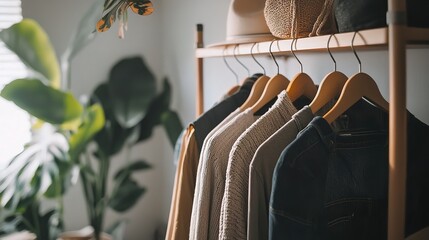 An aesthetic photo of on hangers in the closet, a brown and rust plaid shirt with a white sweater, a dark academia aesthetic, a cottagecore aesthetic