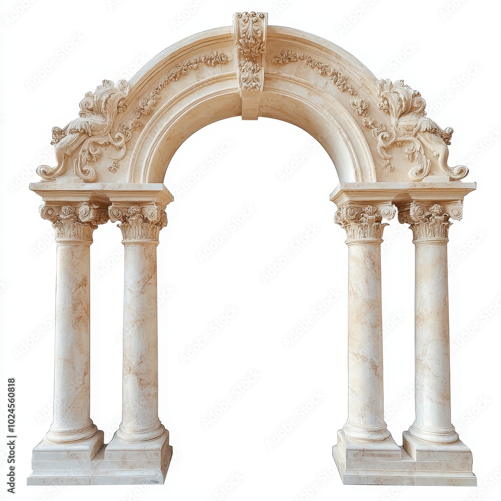 Poster ornate stone archway with decorative motifs and columns, showcasing classical architecture.