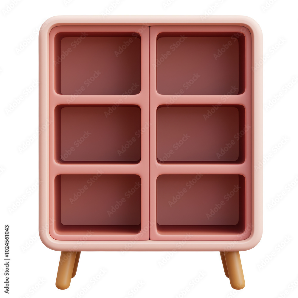Poster pink 3d shelving unit featuring rounded edges and six compartments, designed with modern, minimalist