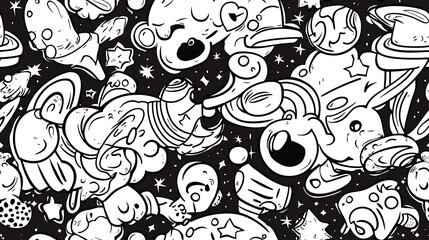 Naklejka premium A lively space-themed pattern with a variety of cosmic objects, including meteor showers, black holes, and bright shooting stars.