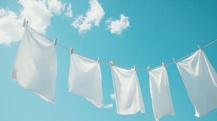 Clean white linens hanging on a clothesline outside, swaying gently in the wind under a bright blue sky.