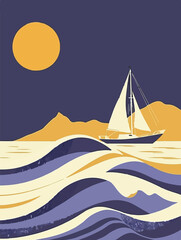 Naklejka premium Vibrant abstract artwork of a sailboat on colorful waves at sunset. Modern, minimalist style using bold and contrasting hues. Perfect for wall art, posters, or creative backgrounds. Summer vibe.